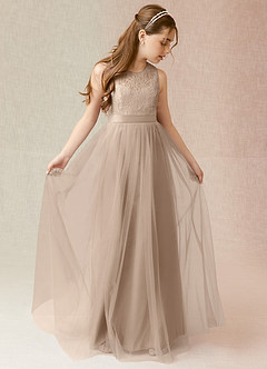 Azazie Georgette Junior Taupe A-Line Lace Tulle Dress image1