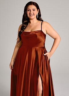 Azazie Elle Bridesmaid Dresses Auburn A-Line with Pockets Metallic Satin Dress image12