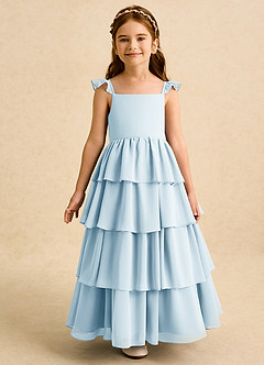 Azazie Boba Robe Demoiselle D'honneur Fillette Robe Trapèze en Mousseline de soie Col Carré Bleu Ciel image5