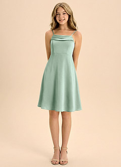 Azazie Anselie Junior Jurk van Stretch Satijn met A-Lijn Geplooid Agave image5