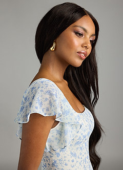 Azazie Bondi Bridesmaid Dresses Blue And White Ditsy Floral A-Line Ruffled Chiffon Dress image8