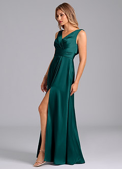 Azazie Karina Bridesmaid Dresses Peacock A-Line Pleated Stretch Satin Dress image3