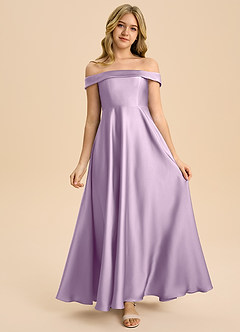 Azazie Sissy Junior Frosted Lilac A-Line Off the Shoulder Stretch Satin Dress image4