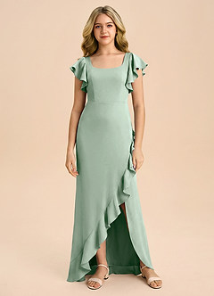 Azazie Demi Junior Agave Mermaid Bow Stretch Satin Dress image6
