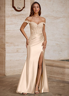 Linange Champagne Off-Shoulder Lace Corset Satin Slit Gown image1