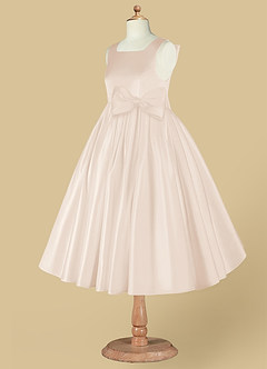 Azazie Bo Peep Flower Girl Dresses White Alabaster A-Line Bow Matte Satin Dress image9