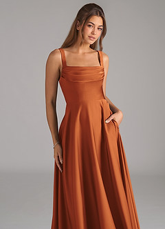Azazie Shaude Bridesmaid Dresses Cinnamon A-Line Pleated Stretch Satin Dress image2
