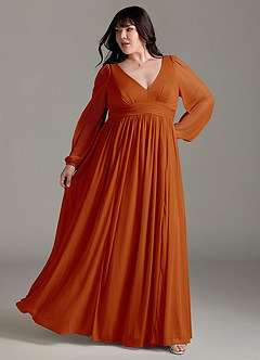 Azazie Norah Bridesmaid Dresses Paprika A-Line V-Neck Long Sleeve Chiffon Dress image8