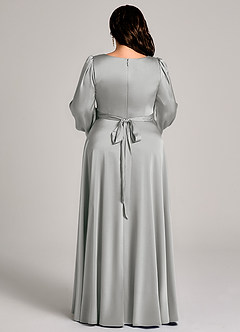 Azazie Leonia 신부 들러리 드레스 A라인 긴팔 스트레치 새틴 바닥 길이 드레스 image13