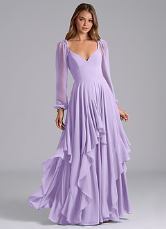 Azazie Karan Bridesmaid Dresses Lilac A-Line Long Sleeve Chiffon Dress image1