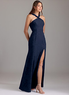 Azazie Rue Bridesmaid Dresses Dark Navy A-Line Pleated Floral Burnout Dress image4