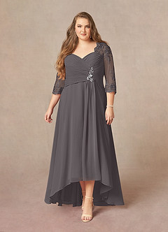 Azazie Devereaux Mother of the Bride Dresses Steel Grey A-Line Lace Chiffon Dress image6