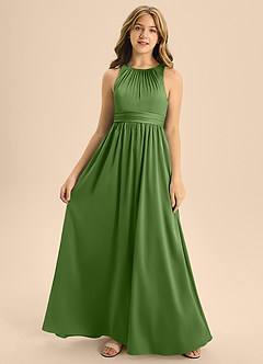 Azazie Jaylah Junior Basil A-Line Pleated Stretch Satin Dress image4