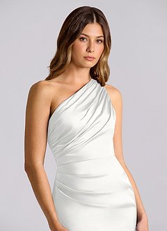 Azazie Akilah Vestidos de damas de honor Vestido de Blanco de Satén Elástico de Corte Sirena con Hombro unilateral image7