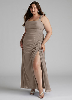 Azazie Jesaphine Brautjungfernkleider Etui Gerafft Gittergewebe Kleid Taupe image8