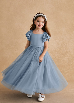 Azazie Suzy Final Sale Dusty Blue A-Line with Sleeves Tulle Dress image4