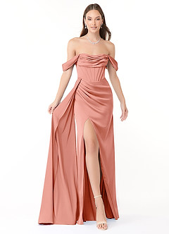 Azazie Amyra Bridesmaid Dresses Coral Sheath Off the Shoulder Stretch Satin Convertible Dress image1