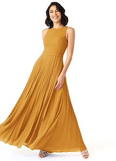 Azazie Lindie Bridesmaid Dresses Butterscotch A-Line Scoop Pleated Chiffon Dress image3