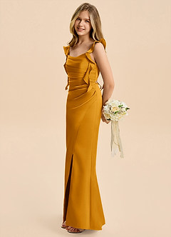 Azazie Jessamine Junior Butterscotch A-Line Ruched Stretch Satin Dress image7