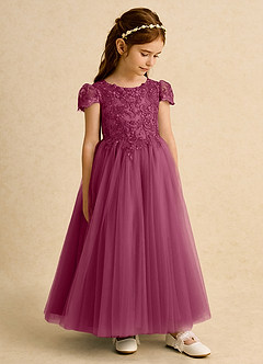 Azazie Puff Flower Girl Dresses Mulberry Ball-Gown Lace Tulle Dress image4