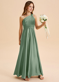 Azazie Charlize Junior Abito A-Line in Raso Elasticizzato Plissettato Matcha image3