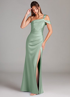 Azazie Wynter Robes de demoiselle d'honneur Robe Fourreau en Satin extensible Épaule décolletée Agave image3