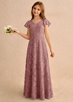 Azazie Narin Girls Formal Flower Girl Klänningar Klänning A-Line i Blommig Utbrändhet med ärmar image1