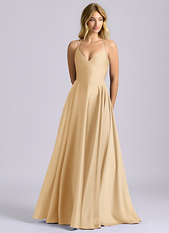Azazie Truce Bridesmaid Dresses Gold A-Line Stretch Satin Dress image1