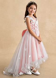 Azazie Celia Flower Girl Dresses Coral A-Line Lace Tulle Dress image3