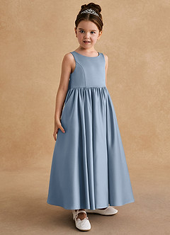 Azazie Bettie Robe Demoiselle D'honneur Fillette Robe Trapèze en Mat Satiné Arc Bleu Poussiéreux image4