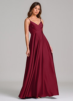 Azazie Amani Bridesmaid Dresses Burgundy A-Line Pleated Stretch Satin Dress image1