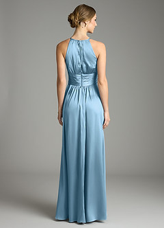 Azazie Bonnie Vestidos de damas de honor Vestido de Azul Acero de Satén Elástico de Corte en A con Plisado image5