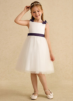 Azazie Lona Abiti da Ragazza di Fiori Abito A-Line in Raso Opaco Fiocco Avorio Prugna image3