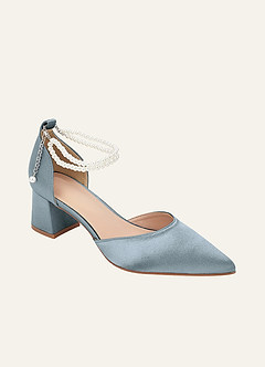 front Matching Color Metallic Satin Pearl Strap Pointed Toe Block Heels
