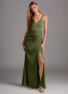 Azazie Shania Bridesmaid Dresses Olive Sheath V-Neck Pleated Stretch Satin Dress image1