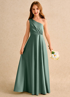 Azazie Puddles Girls Formal vestidos de niña de las flores Vestido de Eucalipto de Satin Mate de Corte en A con Hombro unilateral image1