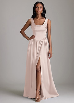 Azazie Novi Bridesmaid Dresses Blushing Pink A-Line with Pockets Stretch Satin Dress image1