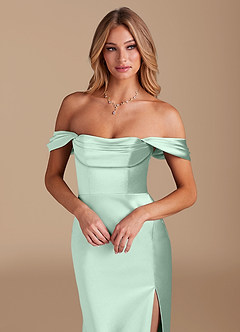 Azazie Saige Bridesmaid Dresses Agave A-Line Off the Shoulder Metallic Satin Convertible Dress image3
