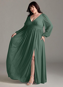 Azazie Norah Bridesmaid Dresses Sea Moss A-Line V-Neck Long Sleeve Chiffon Dress image10