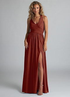 Azazie Kecia Final Sale Terracotta A-Line V-Neck Stretch Chiffon Dress image1
