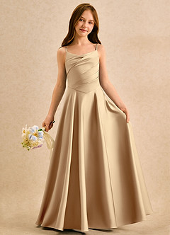 Azazie Coconut Girls Formal Sukienki dla dziewczynek sypiących kwiaty Linia A Pofałdowany Satyna elastyczna Długość podłogi Sukienka image3