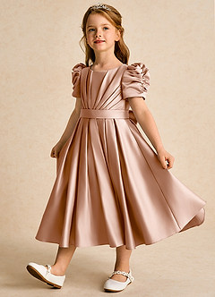 Azazie Miriam vestidos de niña de las flores Vestido de Champán Rosado de Satin Mate de Princesa con Plisado image3