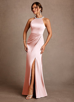 Azazie Lawrence Mother of the Bride Dresses Blushing Pink A-Line Pleated Stretch Satin Dress image2
