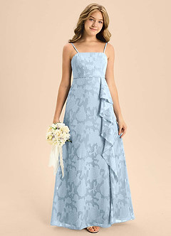 Azazie Kaylee Junior Sky Blue A-Line with Belt Floral Burnout Dress image4