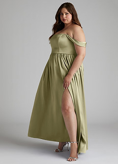 Azazie Morana Jurken voor bruidsmeisjes Converteerbaar Jurk van Stretch Satijn met A-Lijn Off the Shoulder Pistache image13