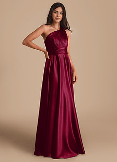 Azazie Charlize Bridesmaid Dresses Burgundy A-Line One Shoulder Metallic Satin Dress image3