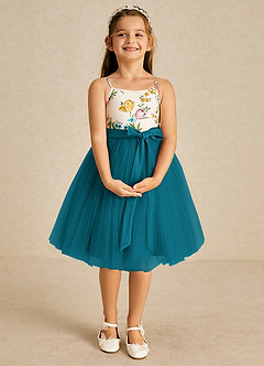 Azazie Jollie Flower Girl Dresses Ink Blue A-Line Spaghetti Strap Tulle Dress image3
