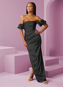 Barbie ♥ Azazie Jurken voor bruidsmeisjes Converteerbaar Jurk van Stretch Satijn met Kolom Off the Shoulder Zwart image3