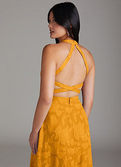Azazie Clarice Bridesmaid Dresses Butterscotch A-Line Side Slit Floral Burnout Dress image6