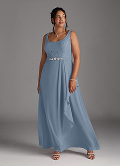 Azazie Ainsling Mère de la mariée Robes Robe Trapèze en Mousseline de soie Dentelle à encolure carrée Bleu Poussiéreux image15